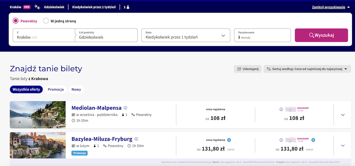 Wynik wyszukiwania wyszukiwarki lotów Wizzair
