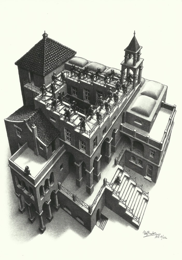 'Wchodzenie i schodzenie' - M.C. Escher (skan pocztówki z muzeum)