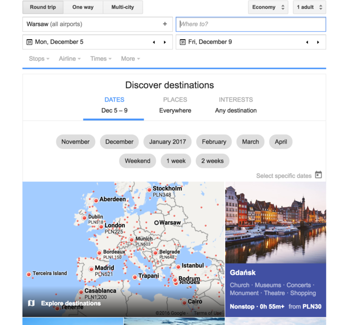 !Google Flights - screen z wyszukiwarki