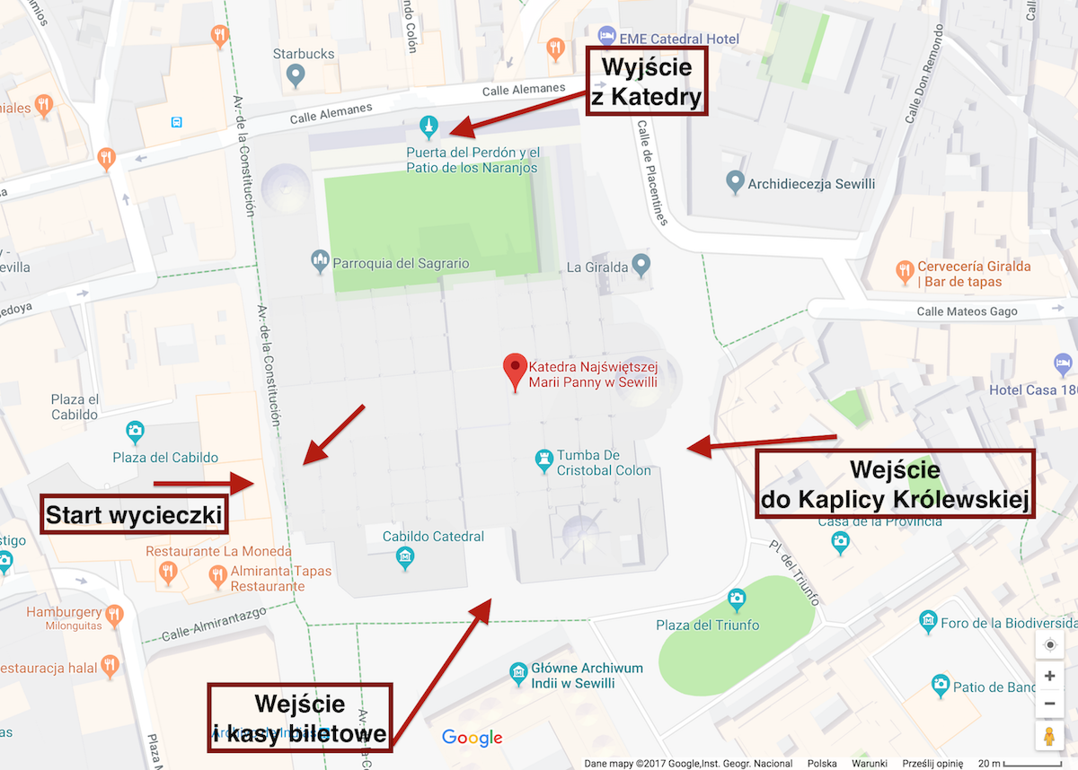 !Screen z maps.google.pl - katedra w Sewilli i poszczególne wejścia