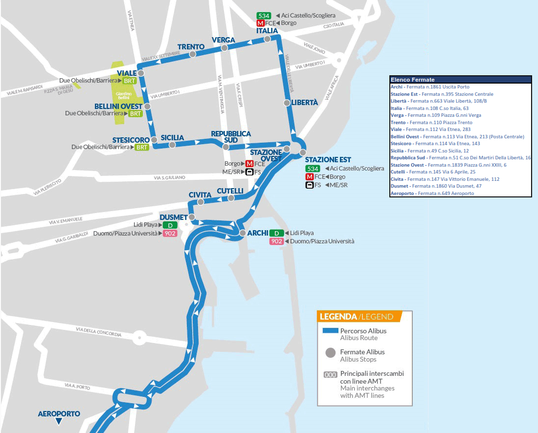 !Trasa autobusu ALIBUS w Katanii (źródło: http://www.amt.ct.it/)