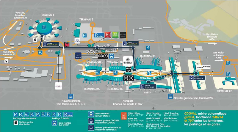 Mapa terminali na lotnisku Paryż-Charles de Gaulle (CDG), źródło: parisaeroport.fr