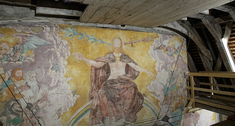 !Memmingen, Kościół Św. Marcina - fresk przedstawiający Jezusa Chrystusa po poziomie pomiędzy sufitem a dachem (podczas wycieczki na wieżę kościoła)