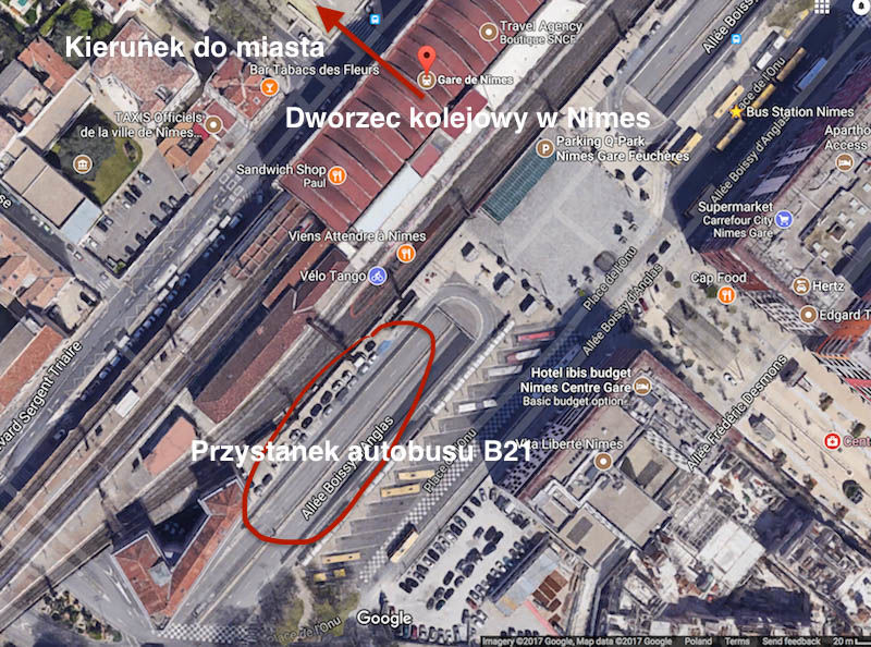 !Screen z maps.google.pl - przystanki autobusowe na tyłach dworca w Nimes