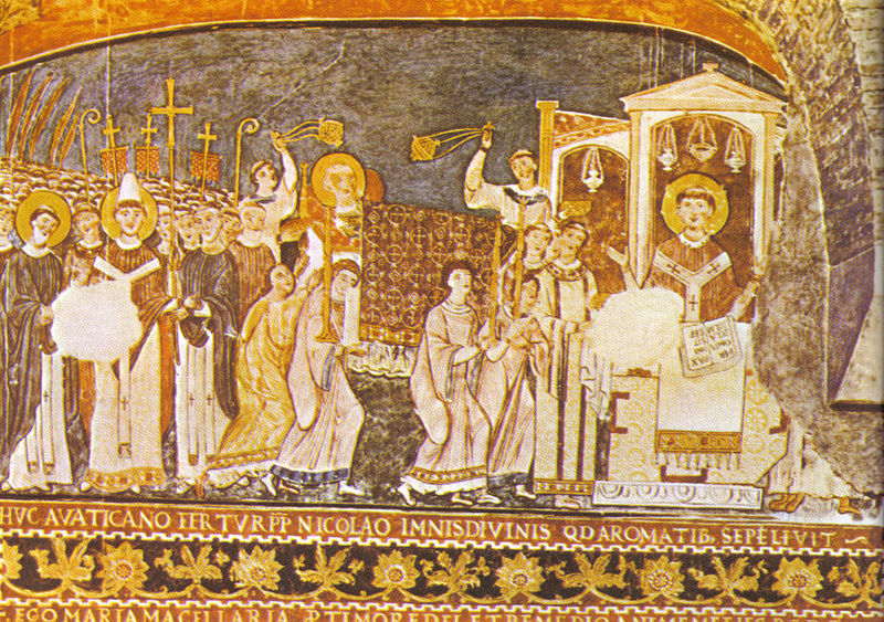 !Fresk przedstawiający scenę przeniesienia przez Cyryla i Metodego ciała świętego Klemensa do Rzymu - Bazylika św. Klemensa w Rzymie   ///   źródło: commons.wikimedia.org; licencja: domena publiczna;